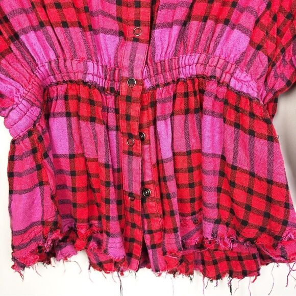 FREE PEOPLE | Pacific Dawn Red Pink Black Cinched Plaid Flannel Top Women’s S - Picture 8 of 11